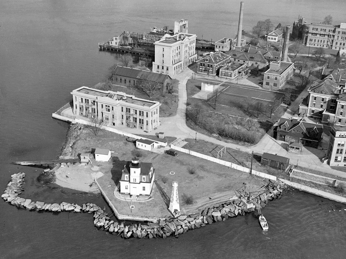 Aerial photograph of North Brother Island showing the isolation hospital buildings