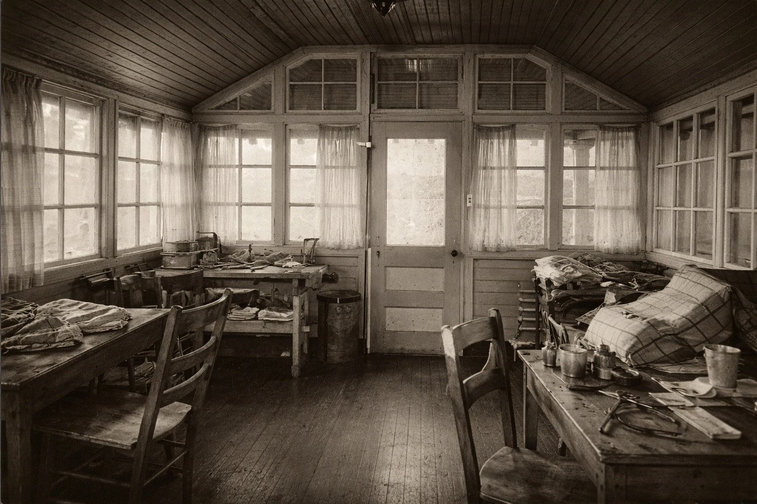 Interior photograph of Mary Mallon isolation cottage showing communal living space with beds and windows