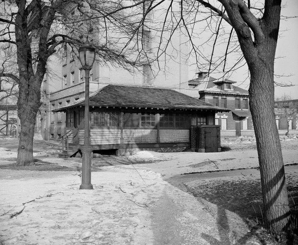 Photograph of Mary Mallon cottage within North Brother Island winter landscape